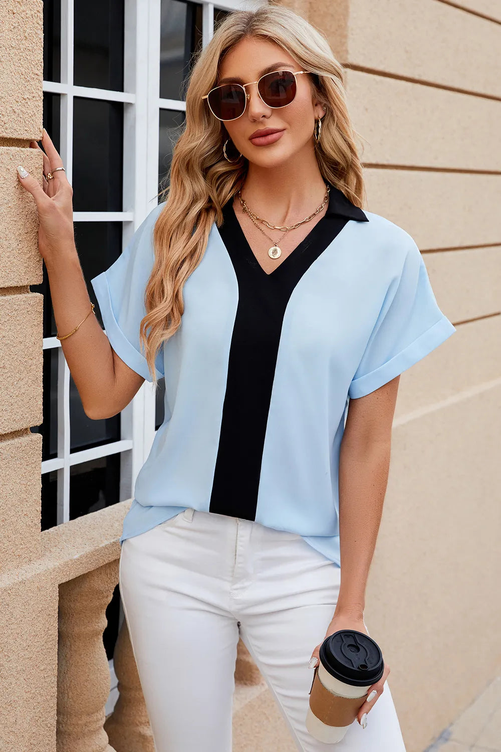 Contrast Johnny Collar Short Sleeve Blouse (18)