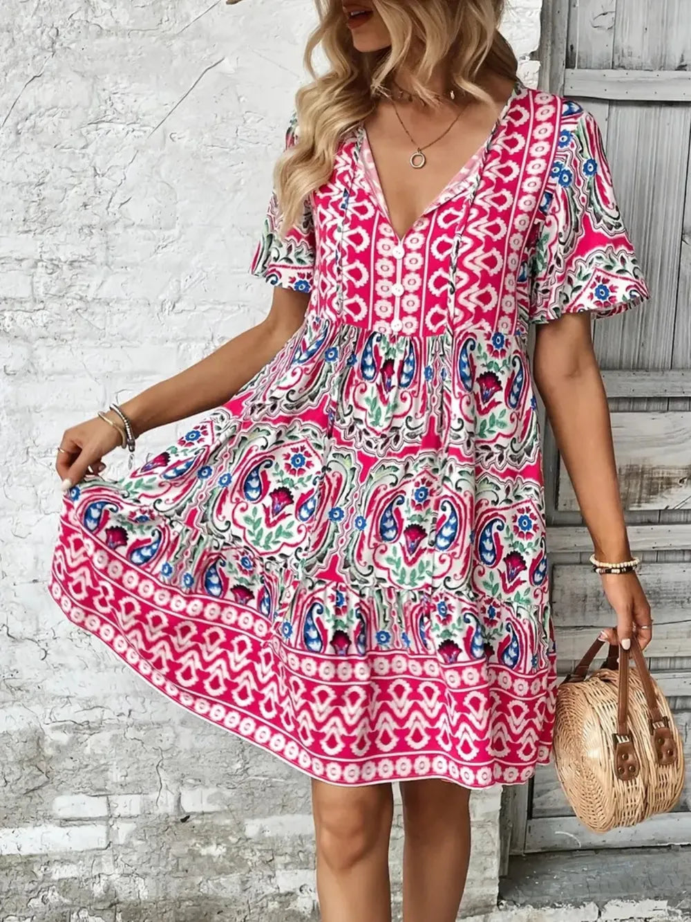 Printed Tie Neck Short Sleeve Dress (5)
