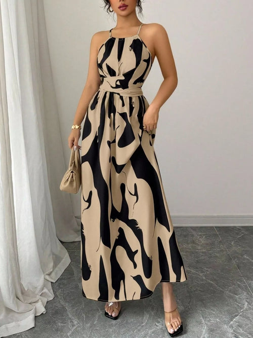 Abstract Print Halter Neck Maxi Dress