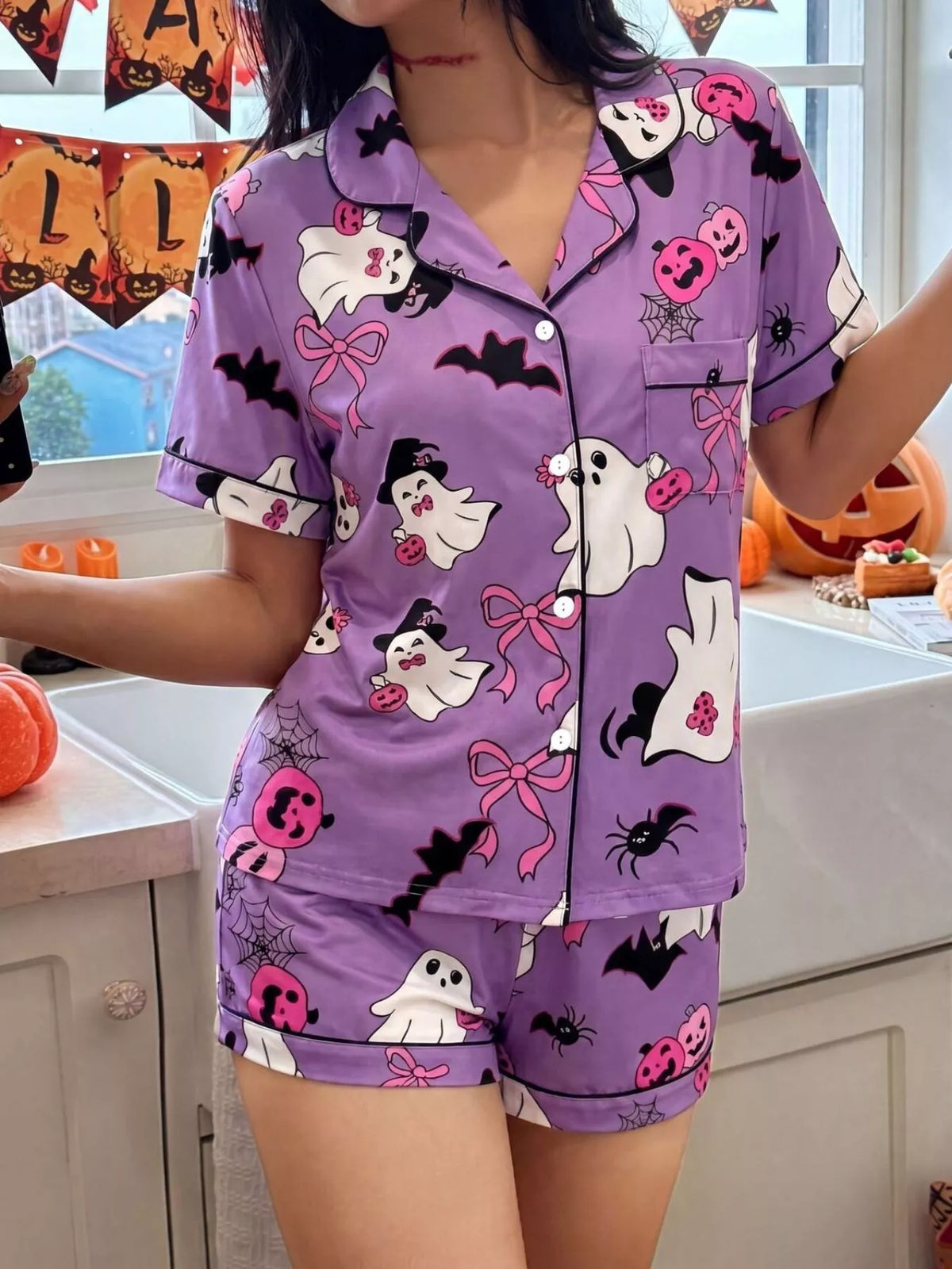 Halloween Ghost Print Button-down Top Shorts Lounge Set (9)