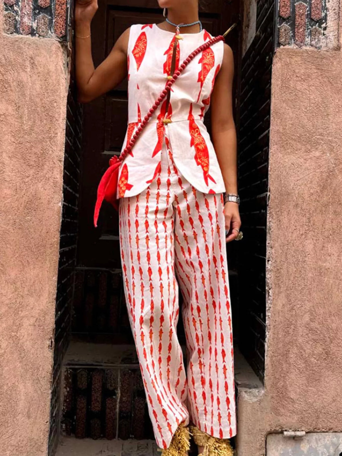 Fish Print Sleeveless Top Pants Set (10)