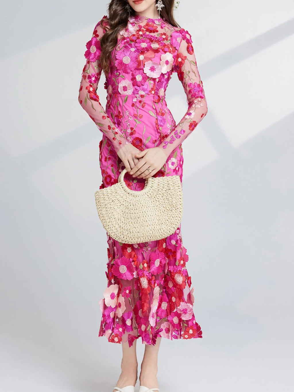 Floral Embroidered Mesh Long Sleeve Midi Dress (14)