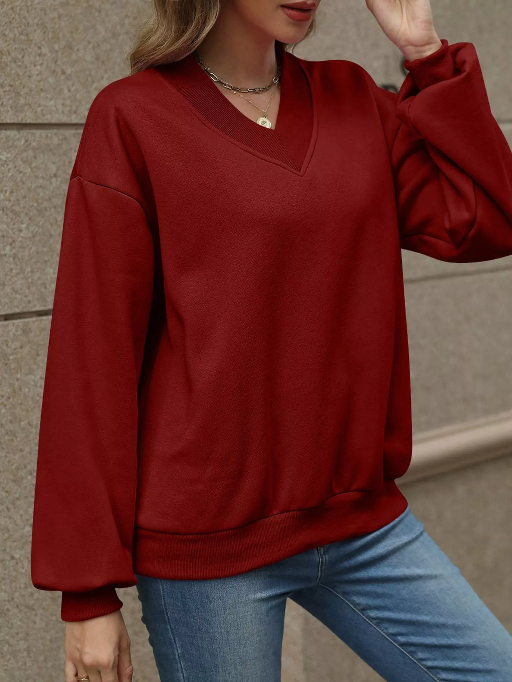 V-neck Solid Color Casual Sweatshirt (21)
