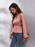 V-neck Balloon Sleeve Peplum Blouse (4)