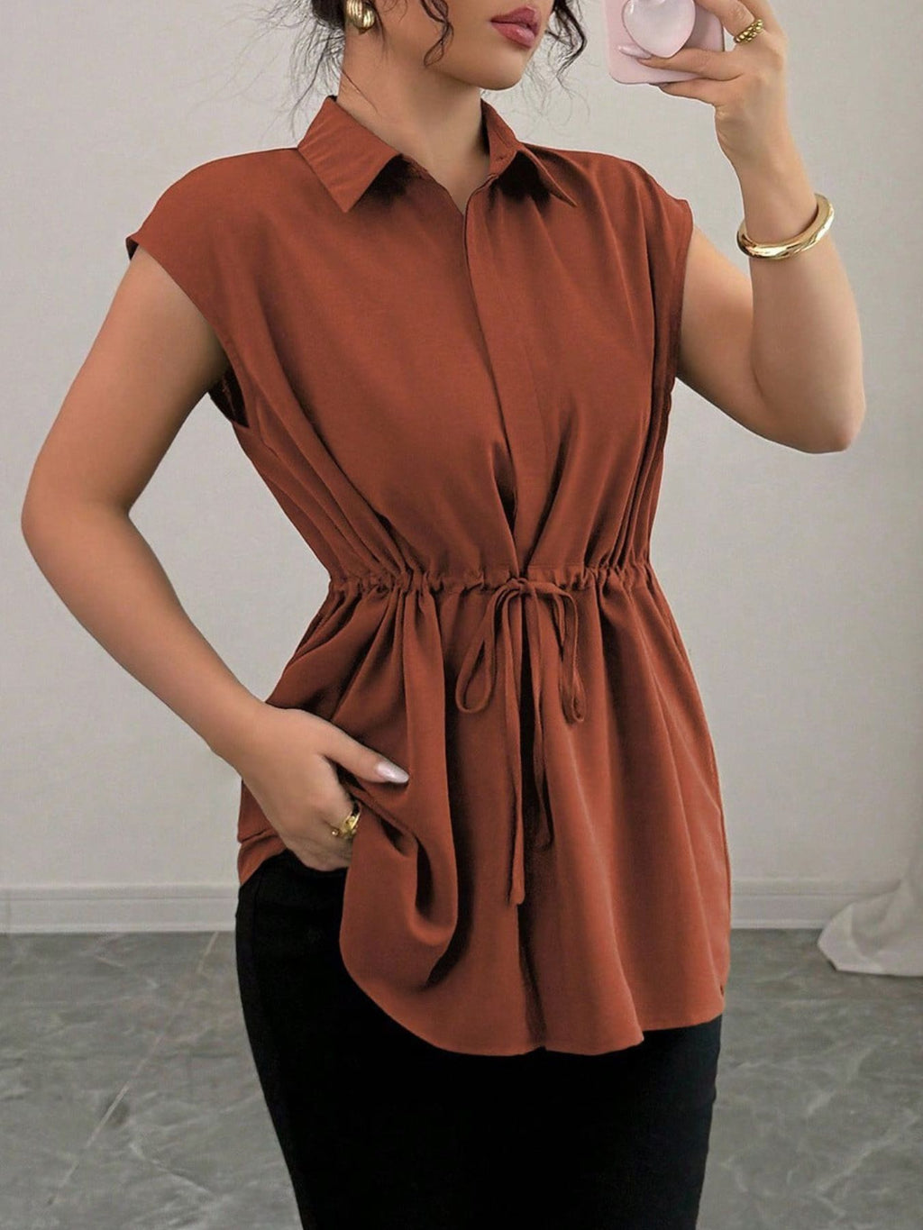 Drawstring Waist Cap Sleeve Shirt (28)