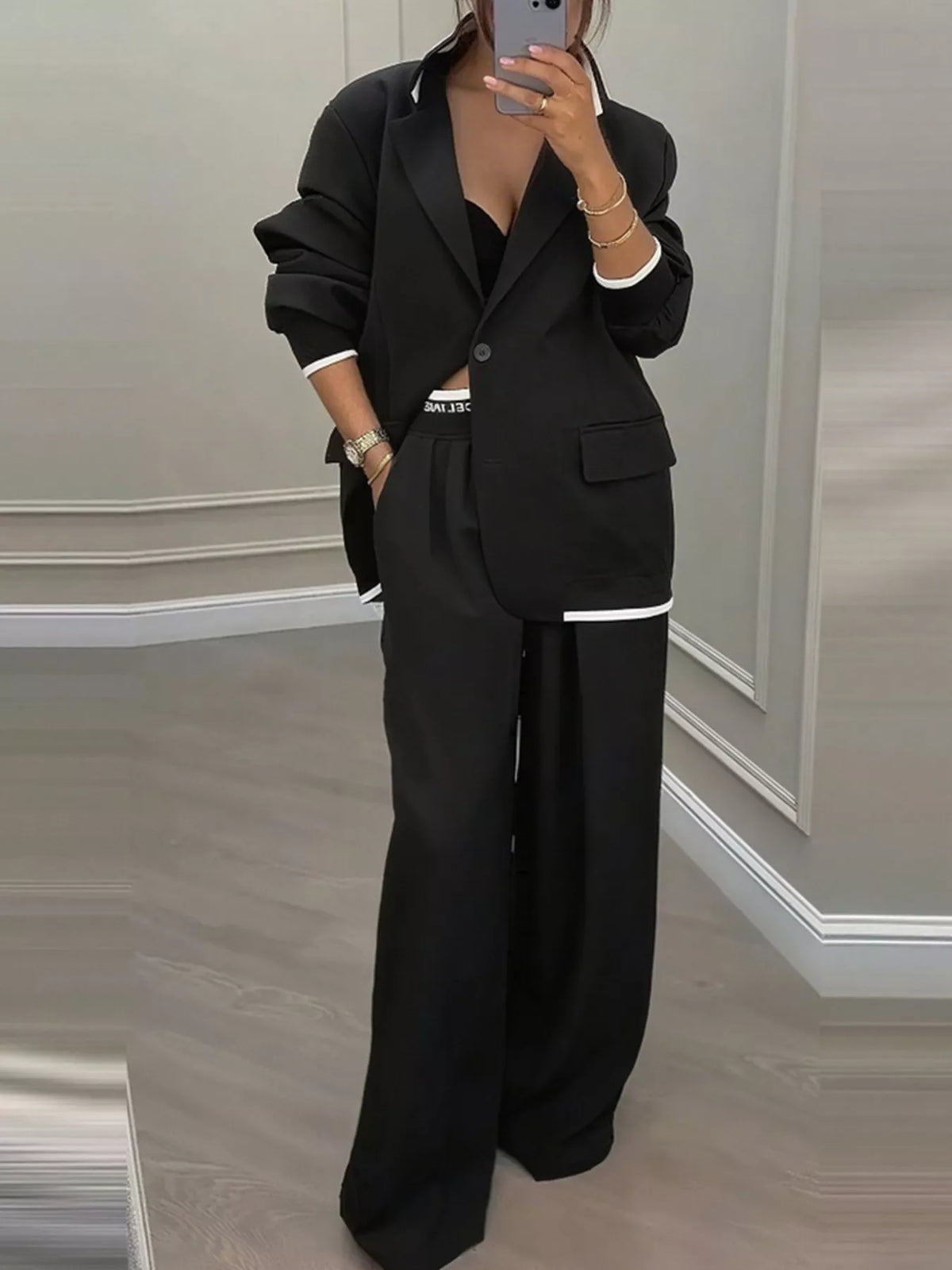 Full Size One Button Blazer Wide-leg Pants Set Plus (3)
