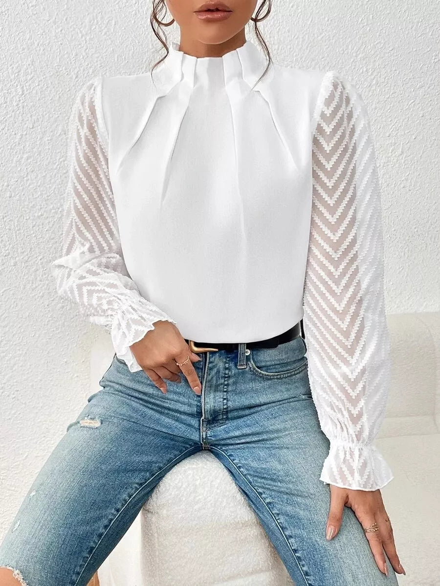 Mock Neck Sheer Lace Sleeve Blouse (3)