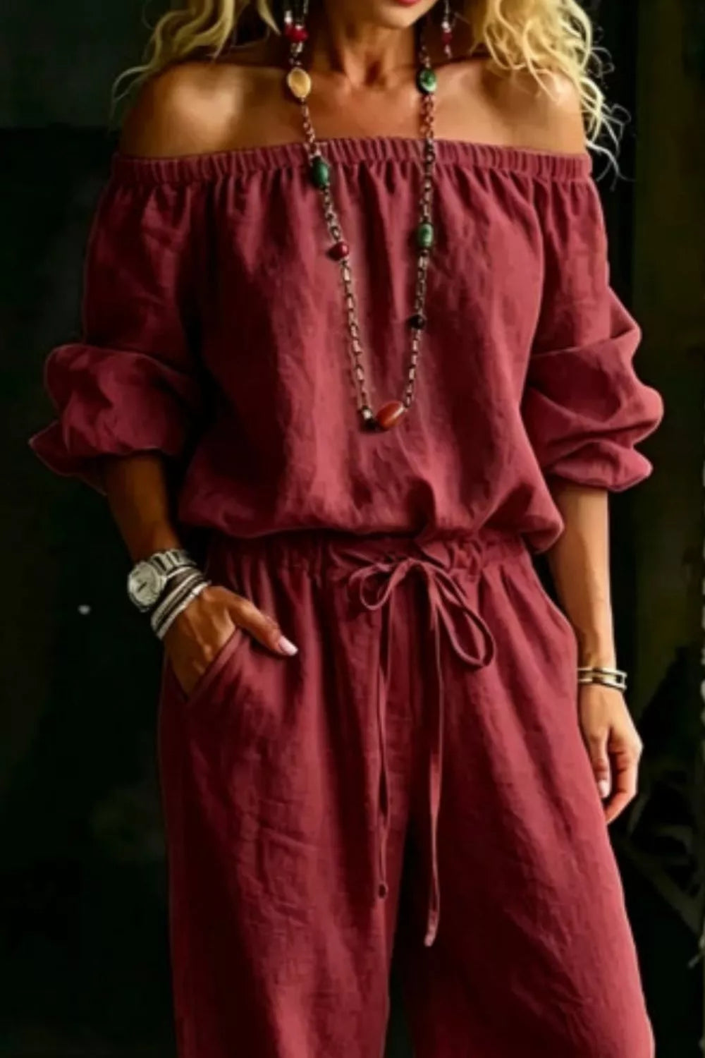 Full Size Off-shoulder Top Pants Set Plus (5)