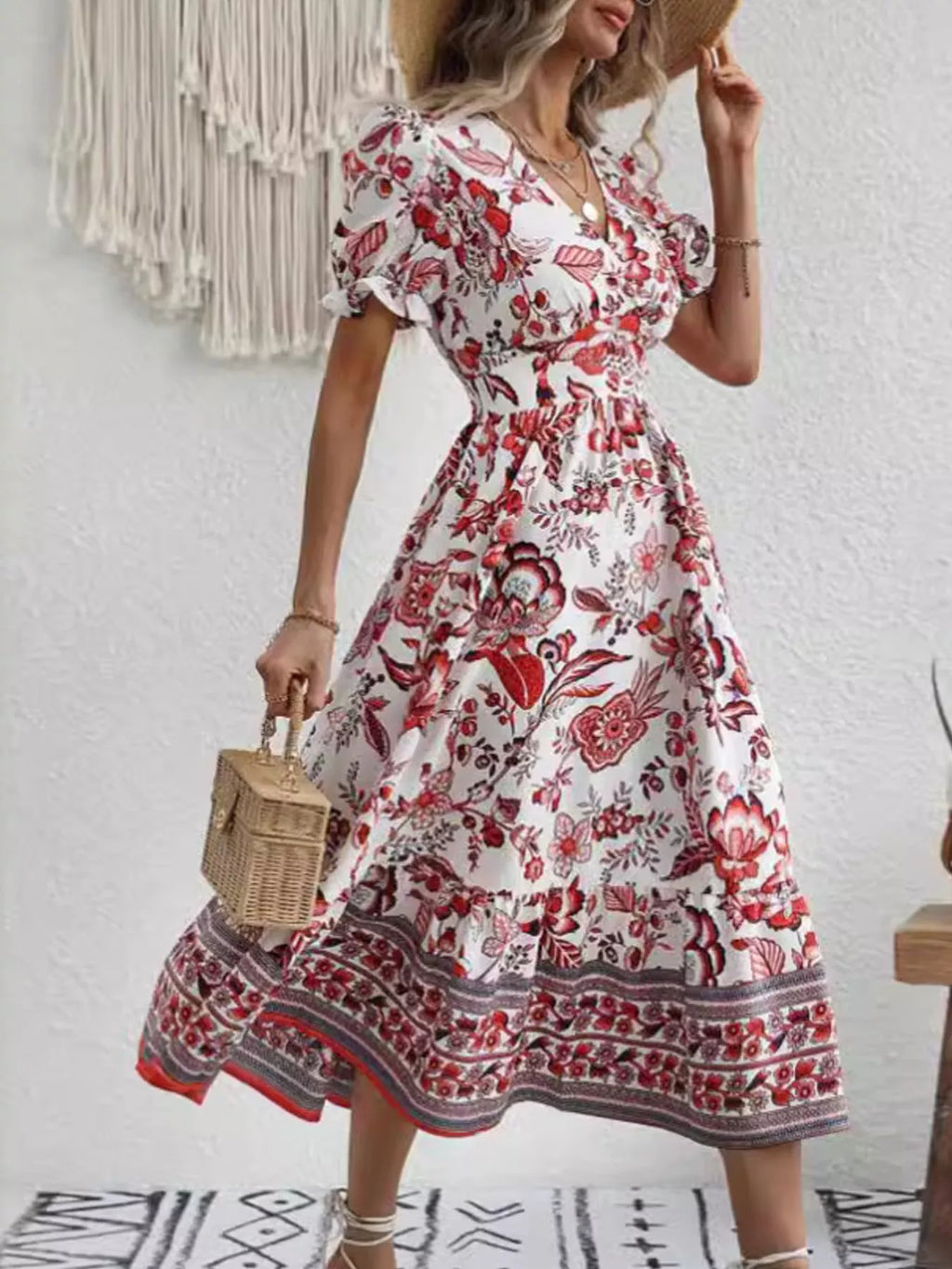 Floral Print Puff Sleeve Wrap Midi Dress (15)