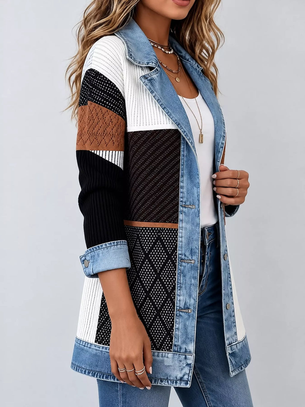 Full Size Denim Trim Ribbed Knit Cardigan Plus (24)