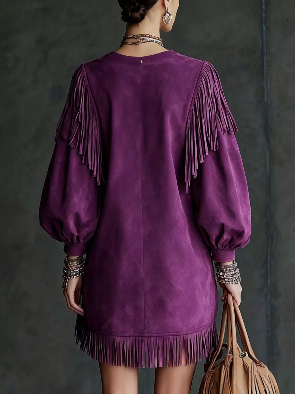 Fringe Detail Lantern Sleeve Mini Dress (18)