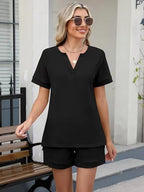 Solid Color Short Sleeve Top Shorts Two-piece Set (11)
