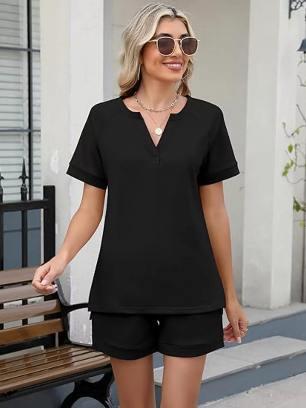Solid Color Short Sleeve Top Shorts Two-piece Set (11)