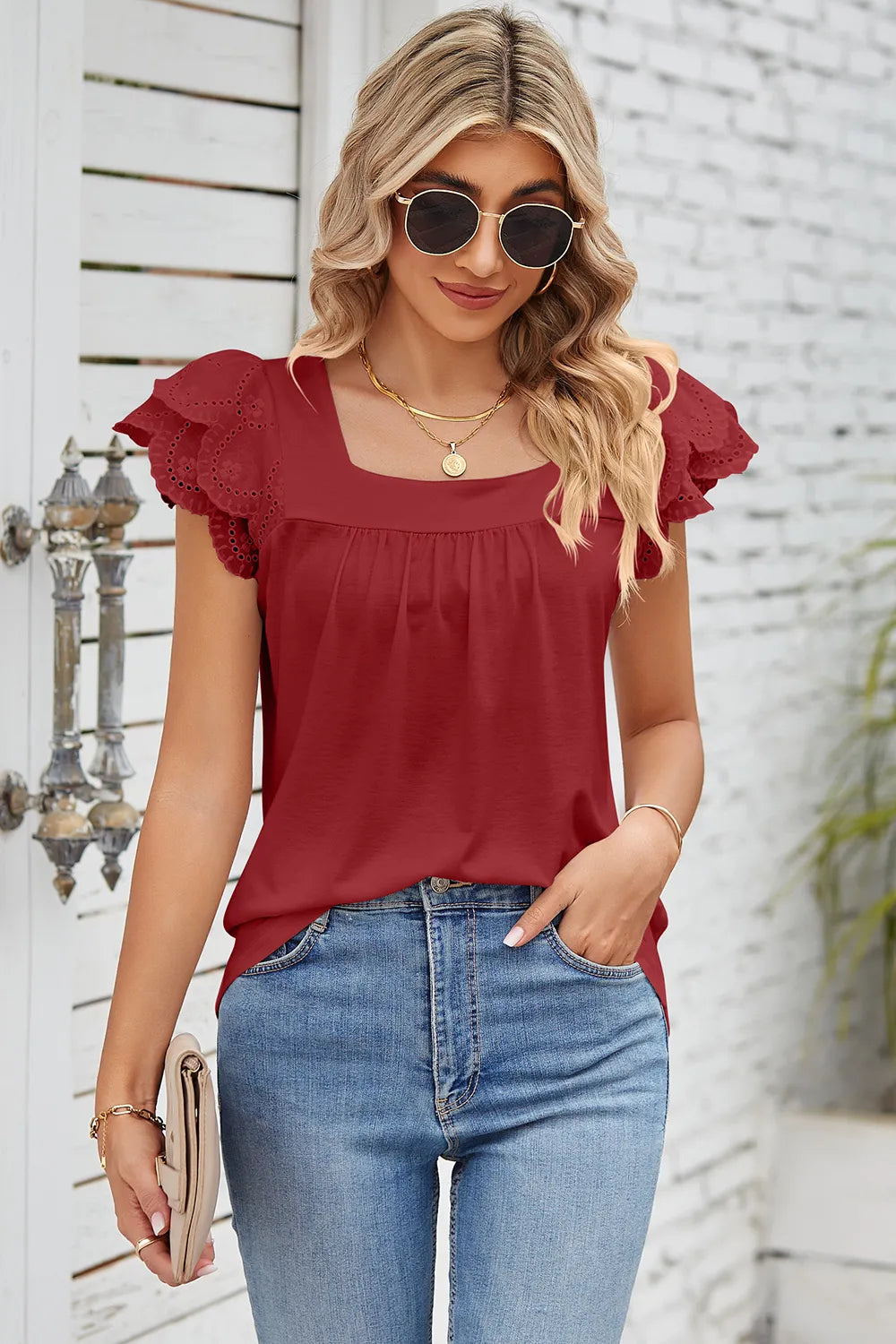 Eyelet Square Neck Cap Sleeve Blouse (10)