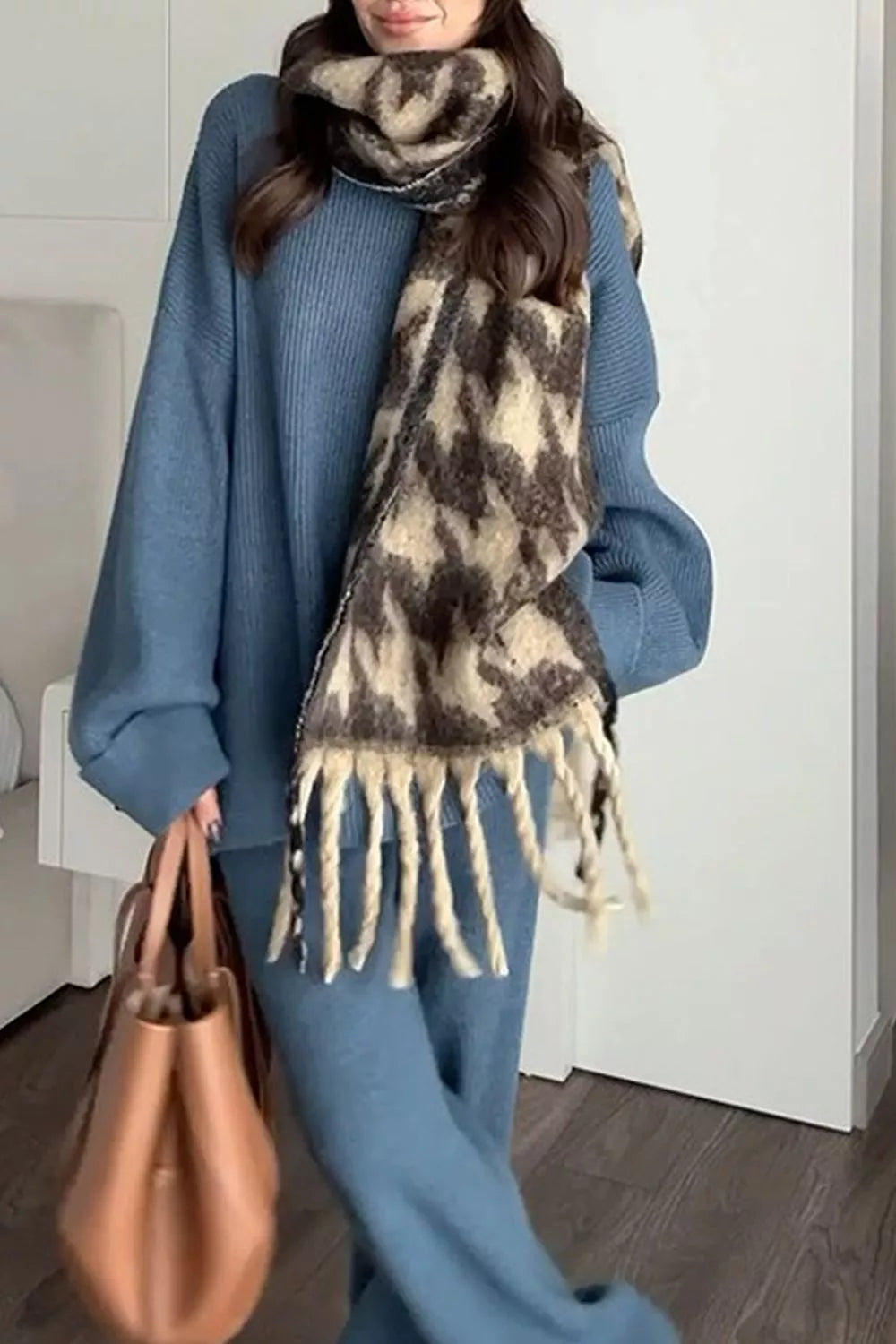Dropped Shoulder Knit Sweater Wide Leg Pants Set (2)