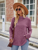 Ribbed Turtleneck Long Sleeve Slit Knit Top (27)