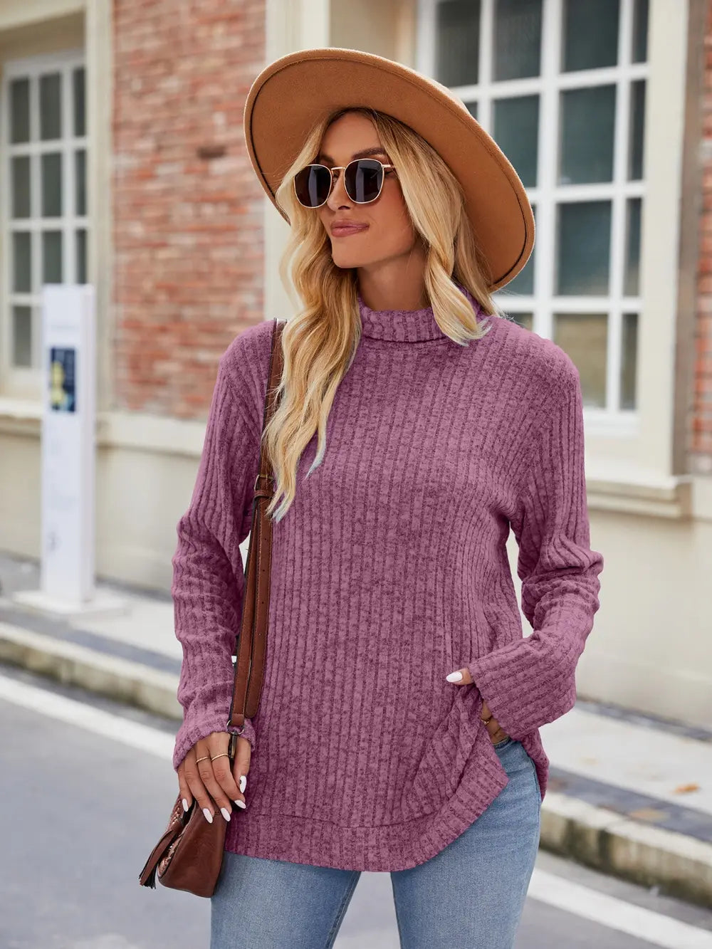 Ribbed Turtleneck Long Sleeve Slit Knit Top (27)