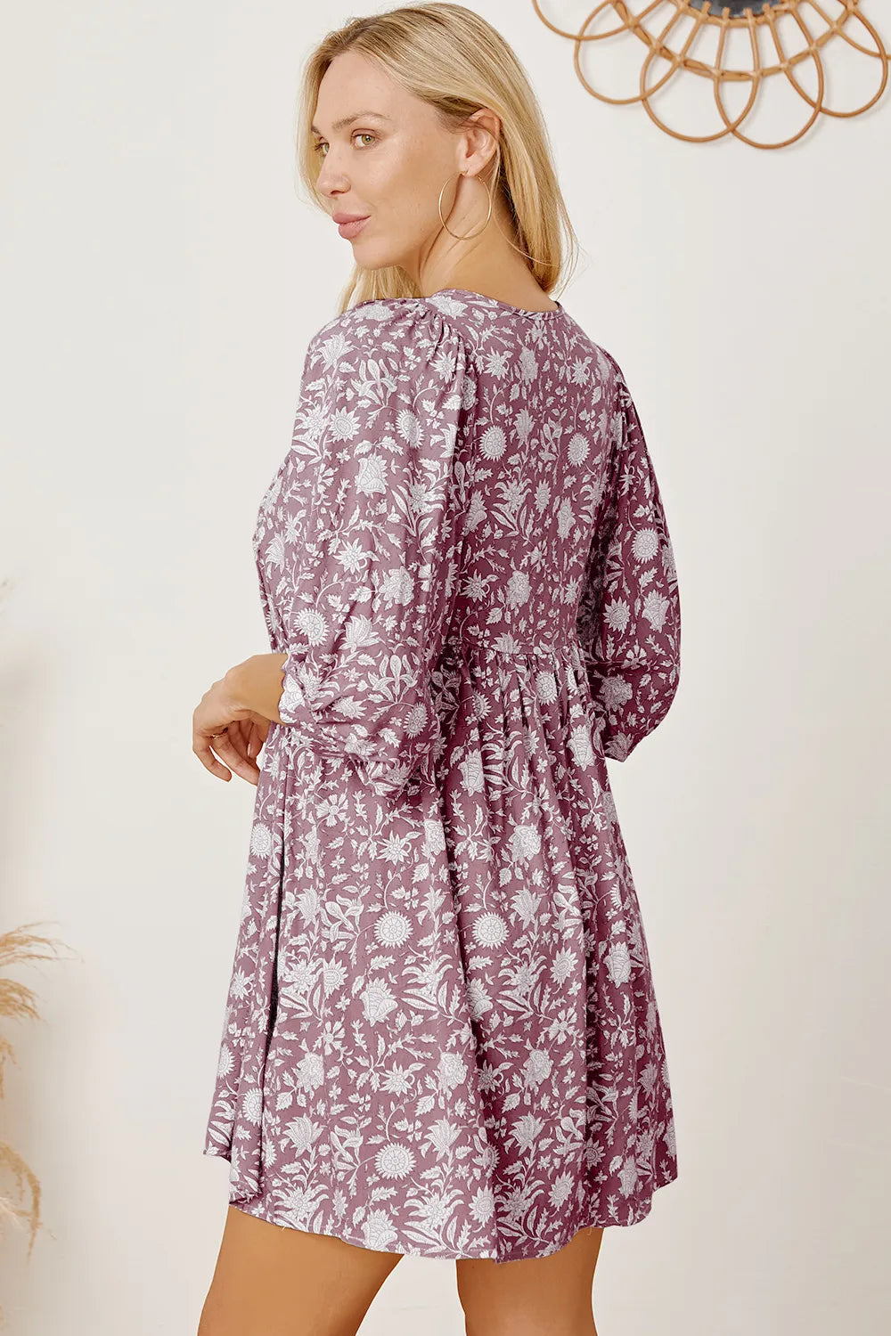 Floral Tie Neck Ruched Babydoll Dress (14)