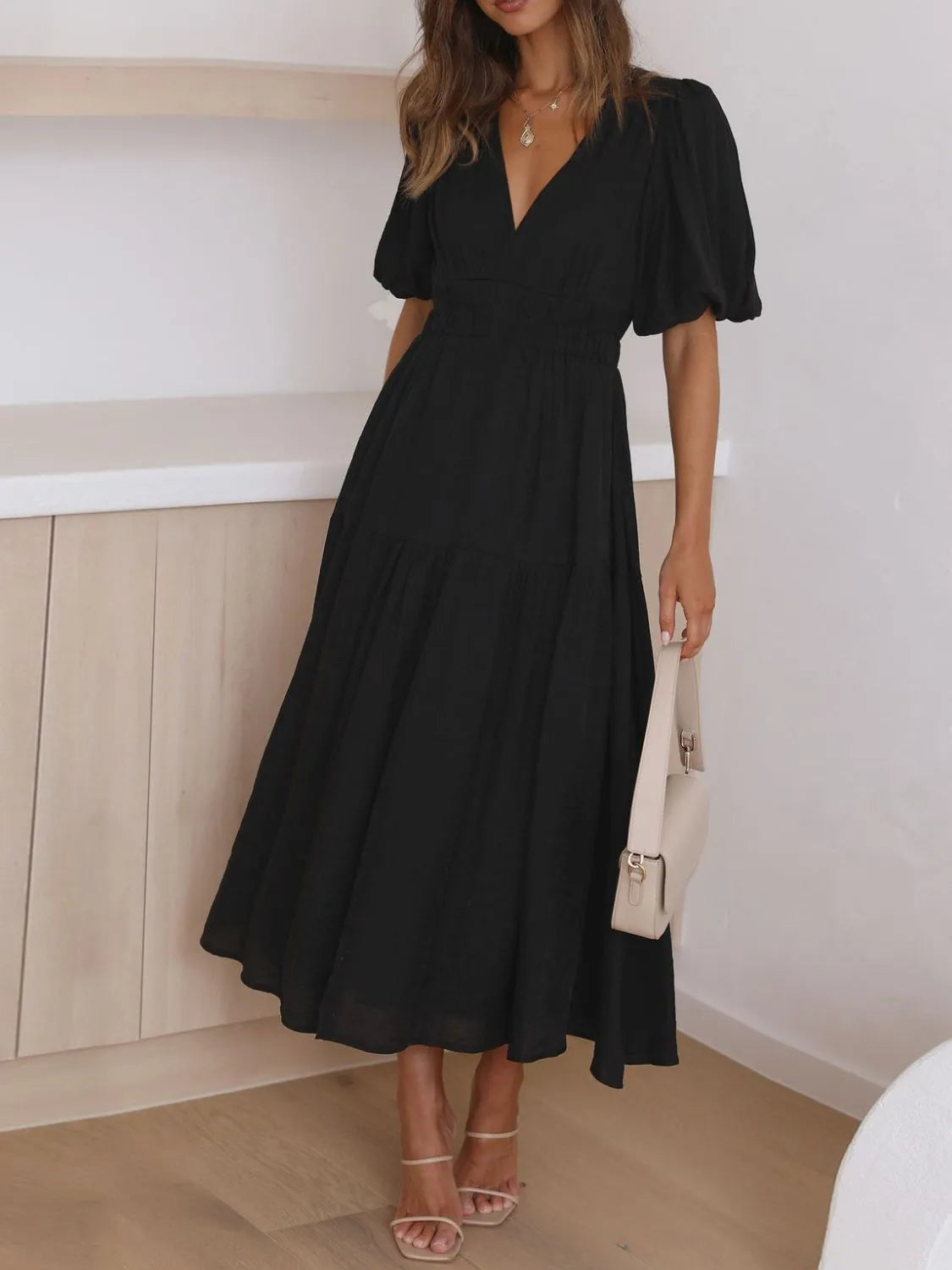 V-neck Puff Sleeve Midi Dress (15)