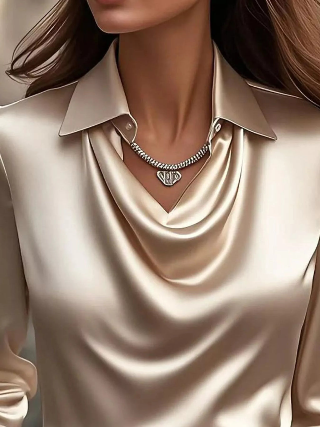 Ruched Long Sleeve Drape Collar Blouse (2)