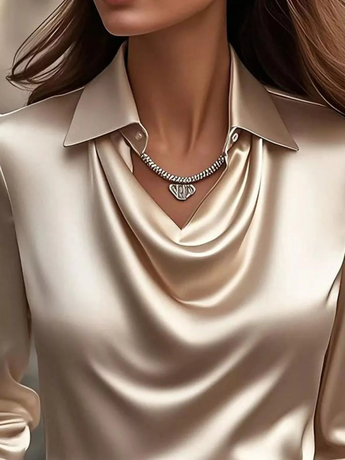 Ruched Long Sleeve Drape Collar Blouse (2)