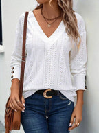 Eyelet V-neck Long Sleeve T-shirt (4)