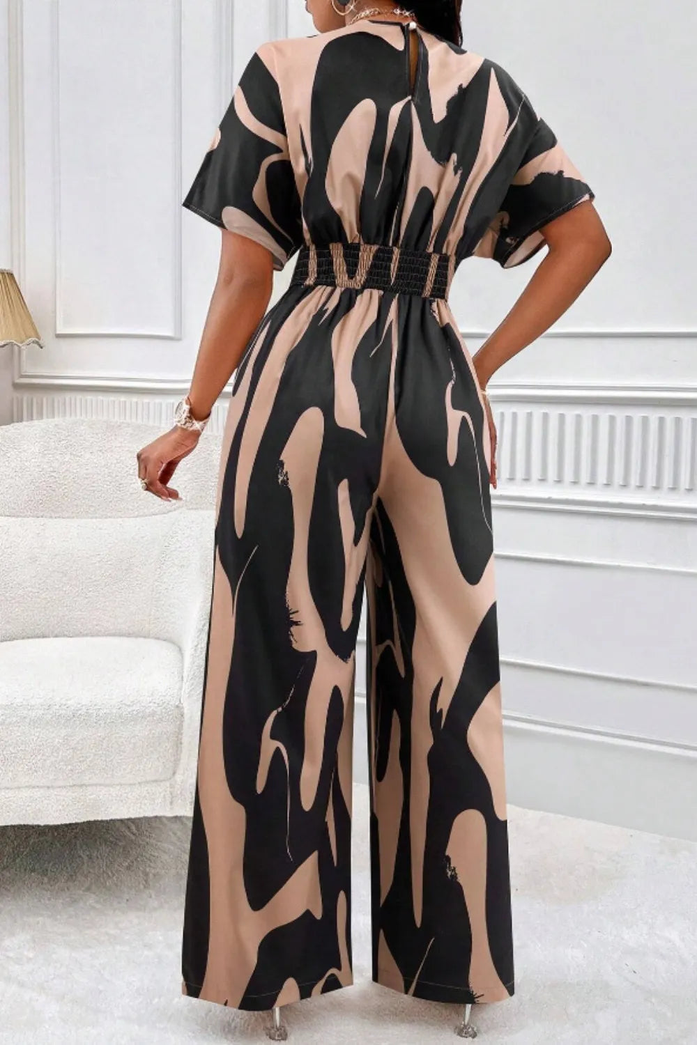 Printed V-neck Short Sleeve Wide Leg Jumpsuit (10)