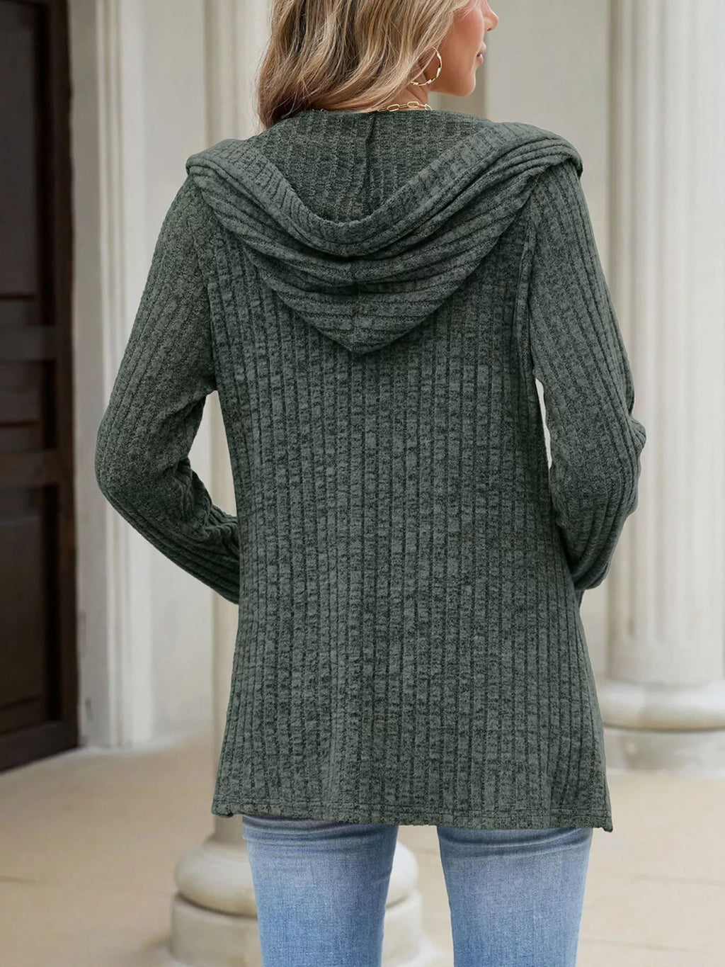 Ribbed Knit Hooded Button-down Cardigan (21)