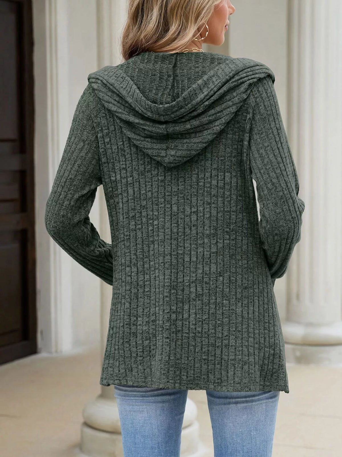 Ribbed Knit Hooded Button-down Cardigan (21)