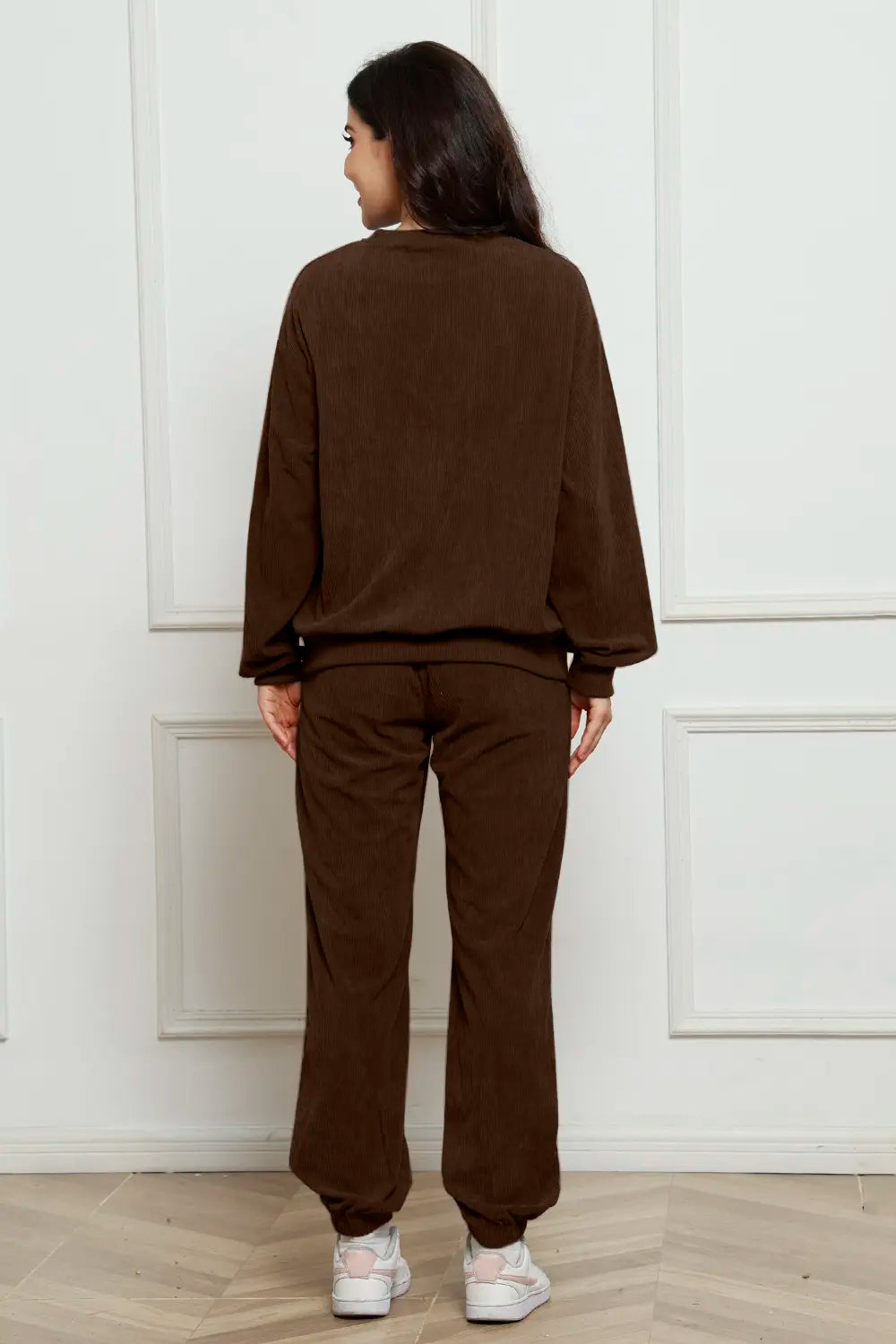 Corduroy Round Neck Sweatshirt Sweatpants Set (9)