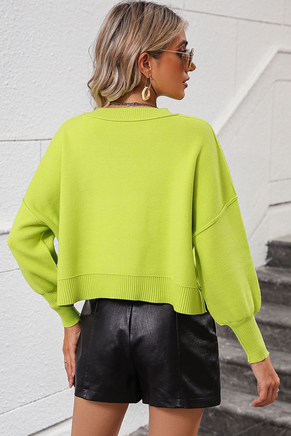 Round Neck Dropped Shoulder Pullover Sweater (2)