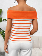 Decorative Button Striped Off-shoulder Knit Top (8)