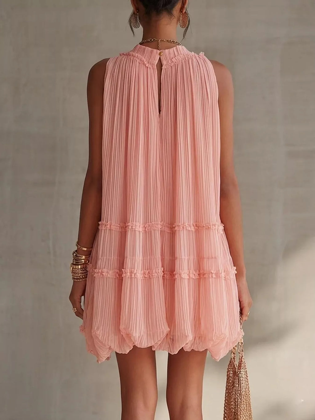 Pleated Mock Neck Sleeveless Mini Dress (2)