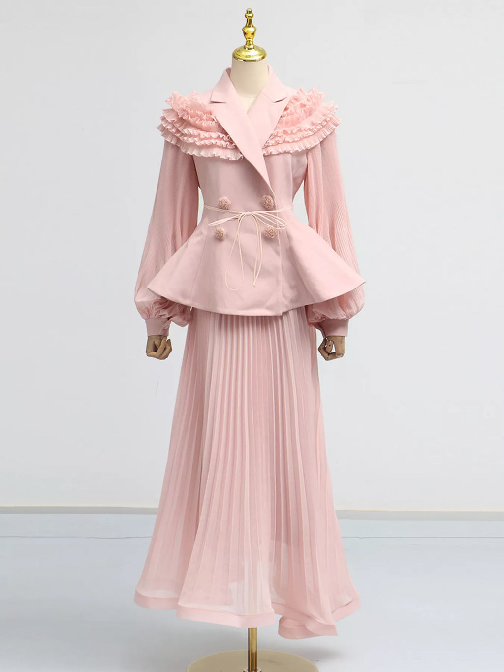 Frill Lapel Collar Top Pleated Skirt Set (4)