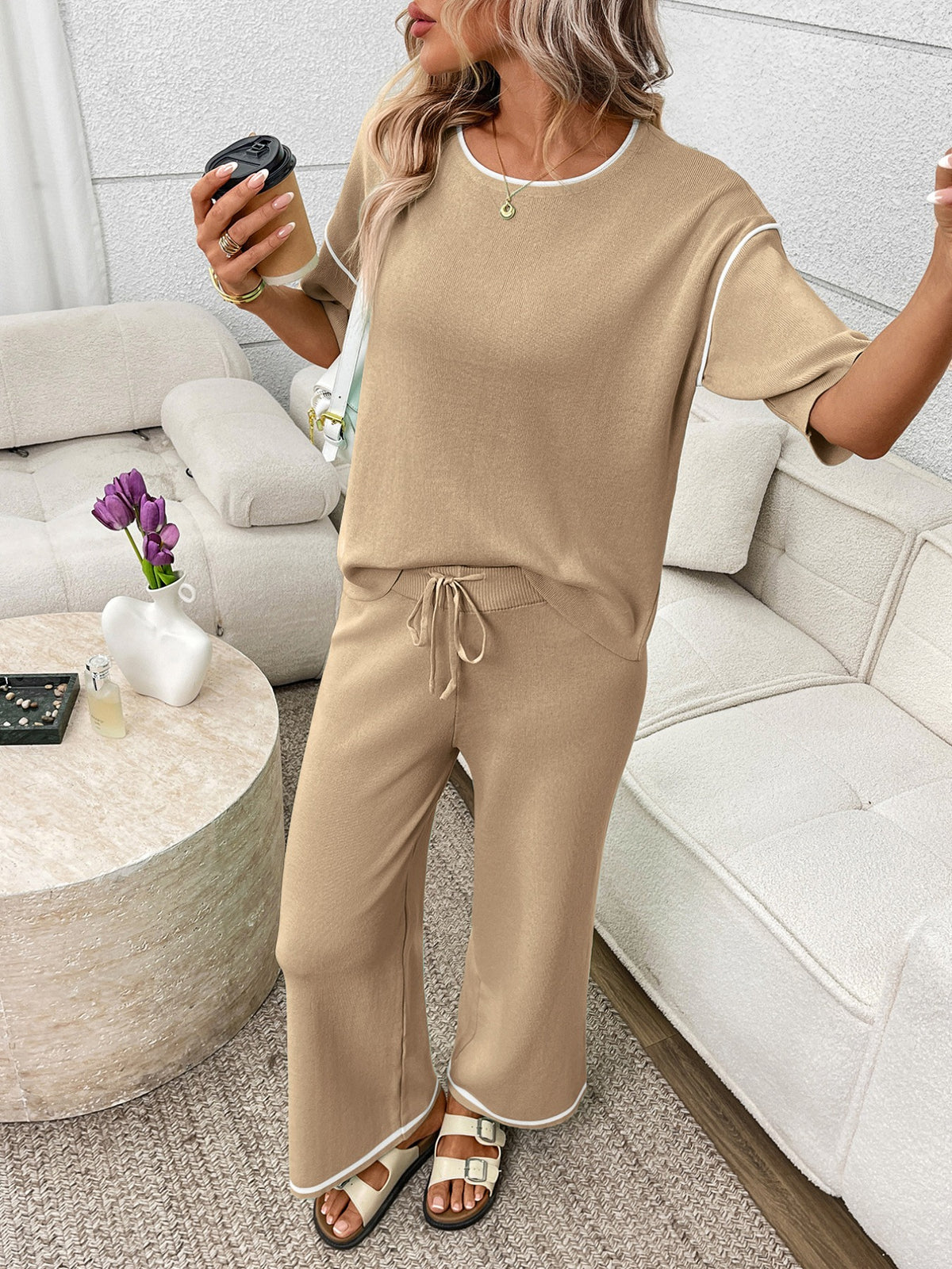 Round Neck Half Sleeve Top Pants Set (19)