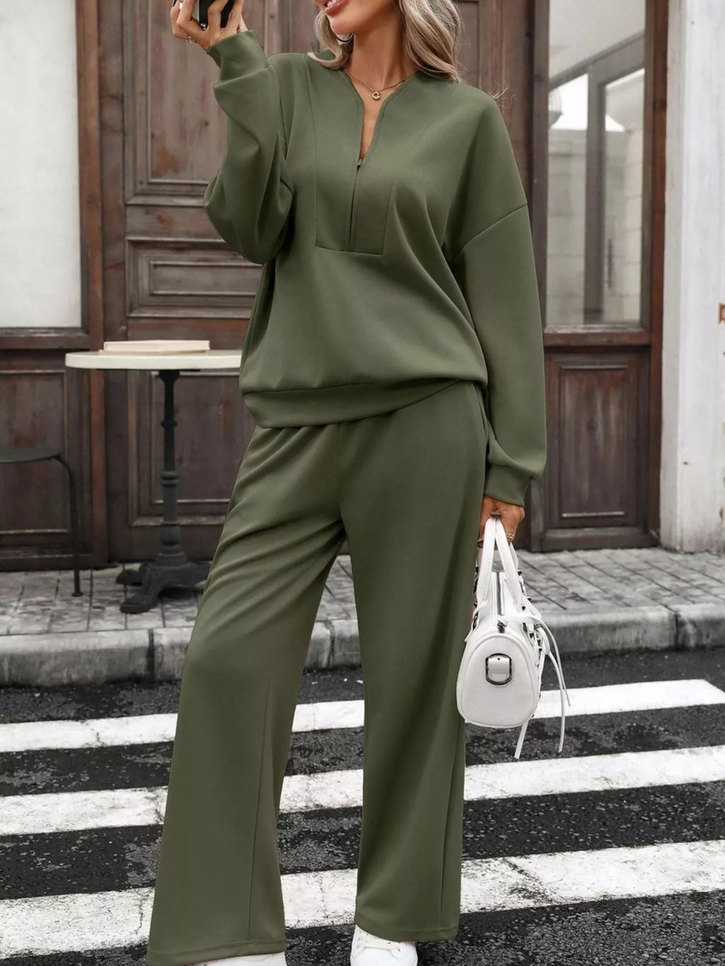 Half Zip Sweatshirt Wide-leg Pants Set (3)
