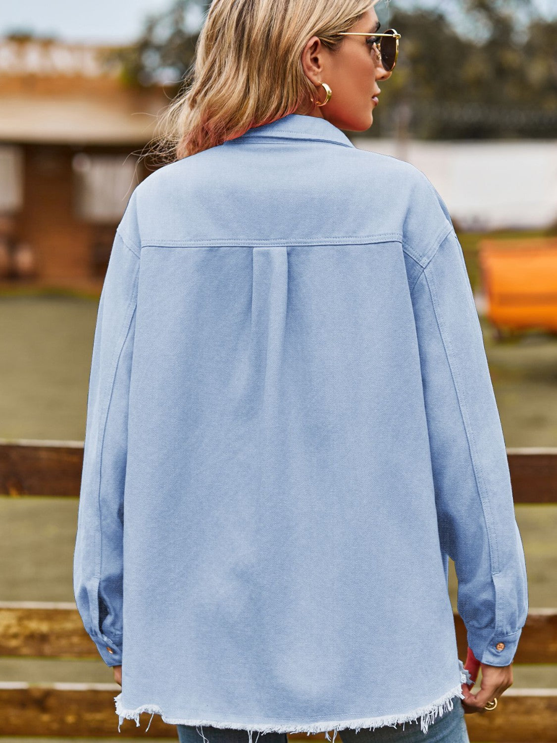Button Up Collared Neck Raw Hem Denim Top (15)