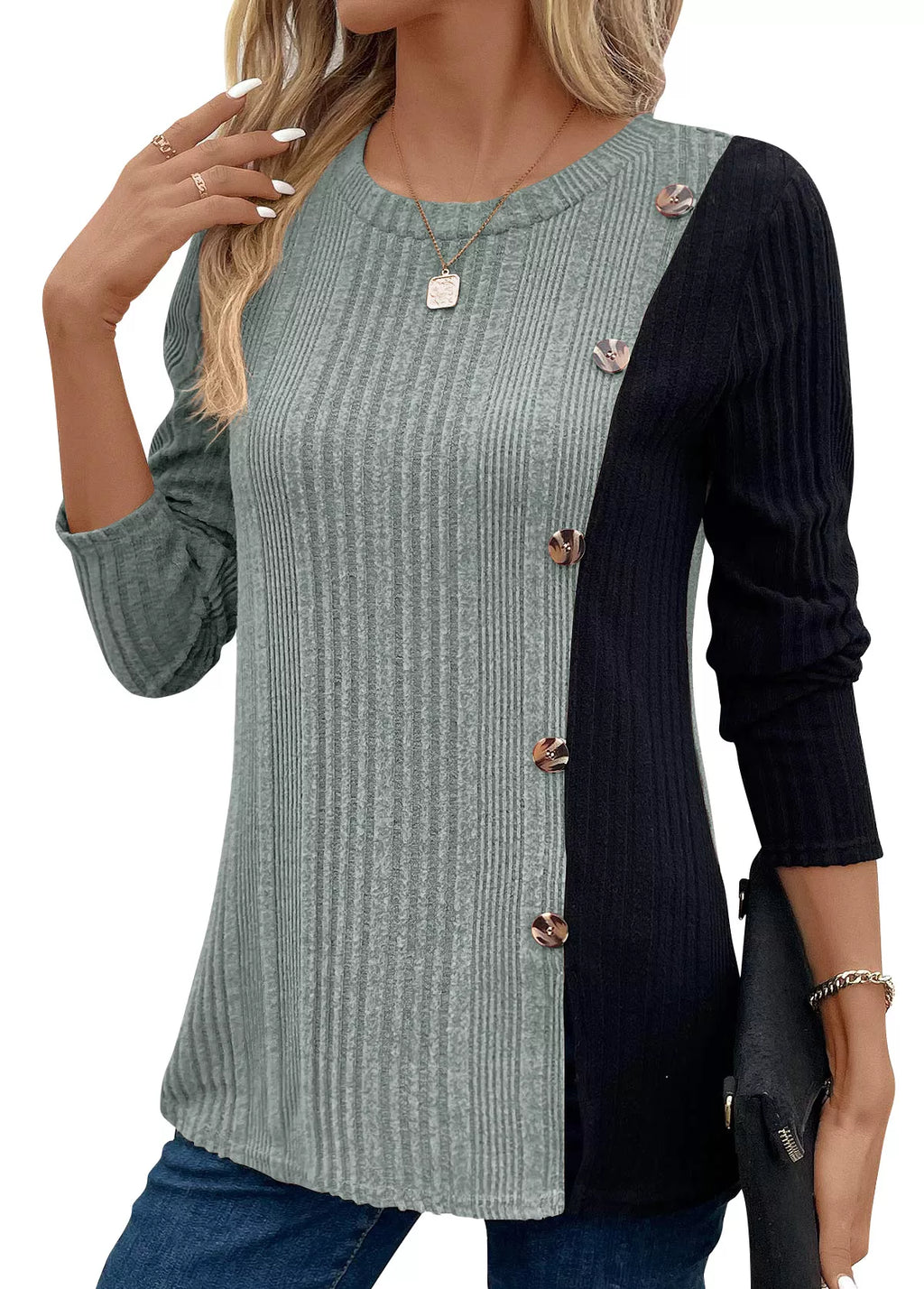 Block Ribbed Knit Decor Button T-shirt