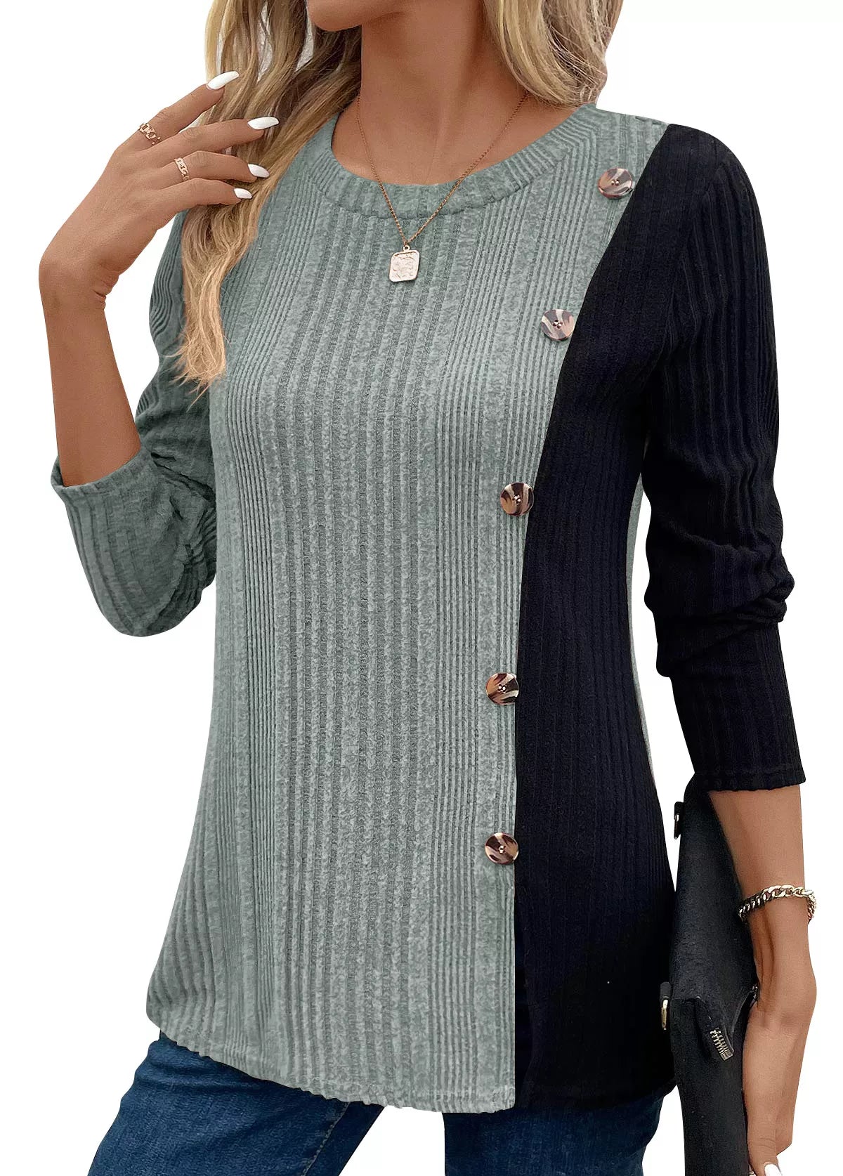 Block Ribbed Knit Decor Button T-shirt