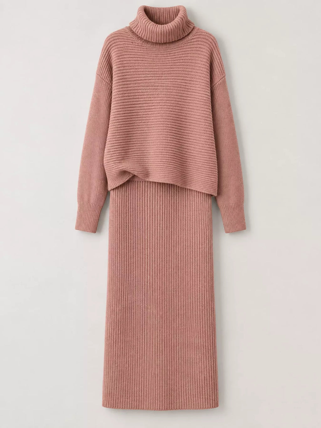 Ribbed Turtleneck Sweater Set Matching Midi Skirt (9)