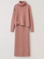 Ribbed Turtleneck Sweater Set Matching Midi Skirt (9)