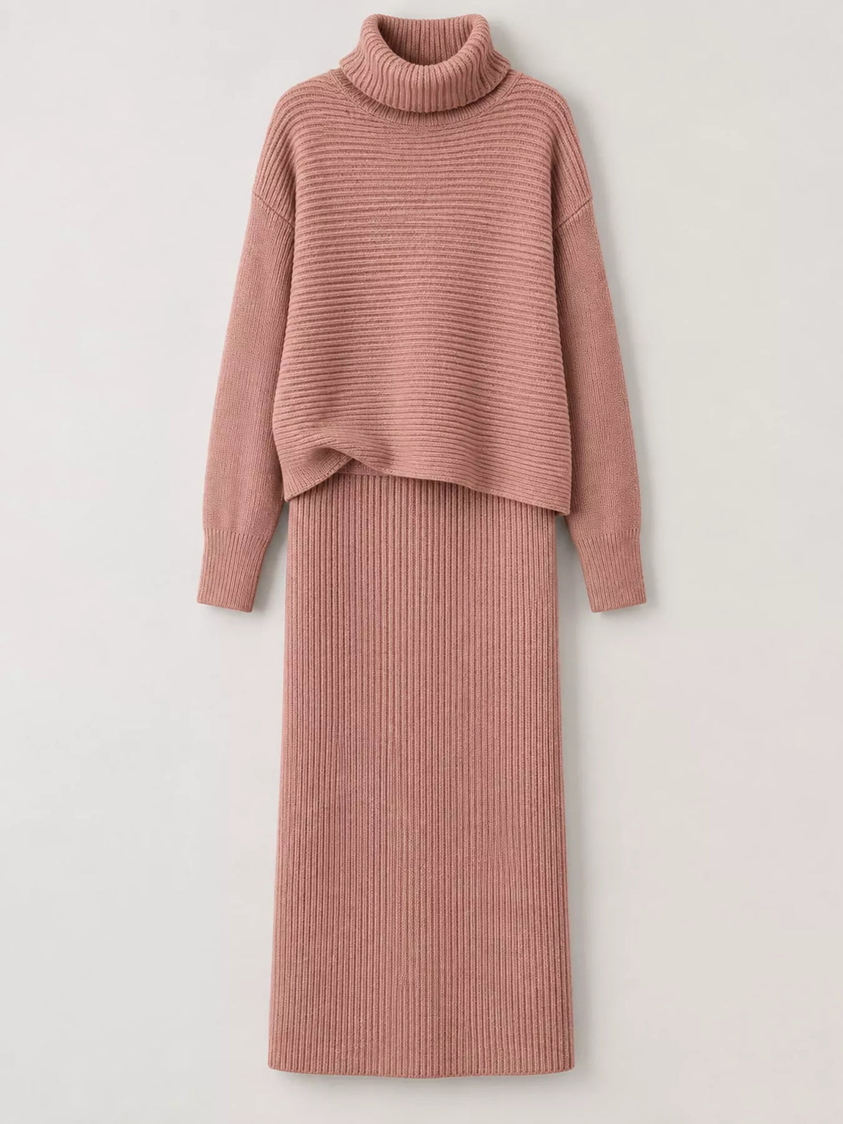 Ribbed Turtleneck Sweater Set Matching Midi Skirt (9)