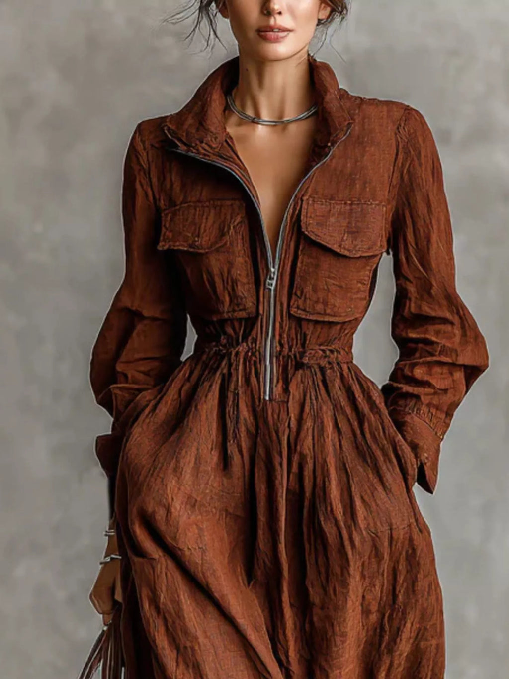 Zip-front Long Sleeve Maxi Shirt Dress (5)