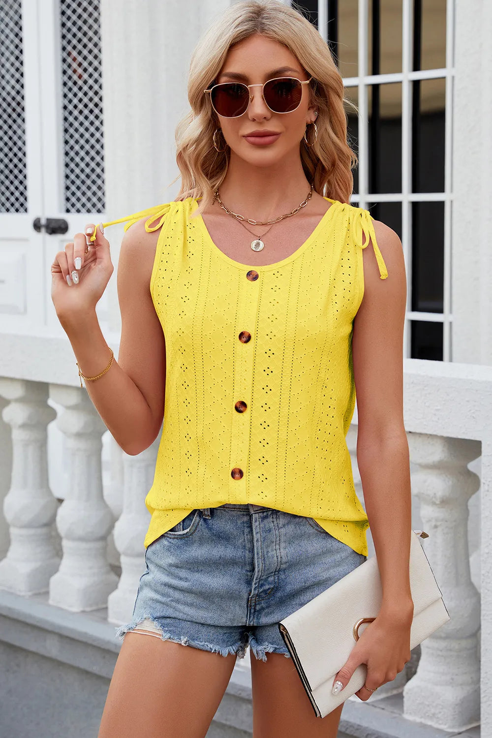 Eyelet Round Neck Wide Strap Tank (27)