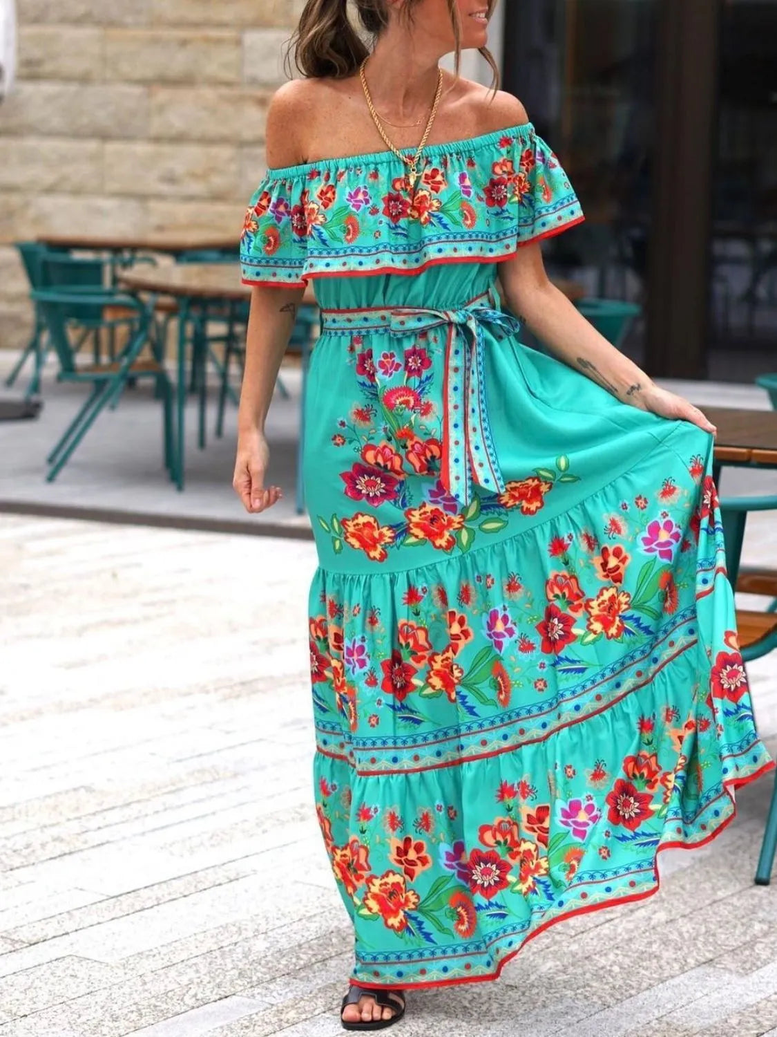 Floral Off Shoulder Ruffle Maxi Dress (10)