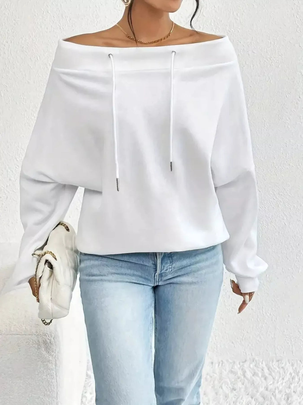 Off-shoulder Drawstring Sweatshirt (5)