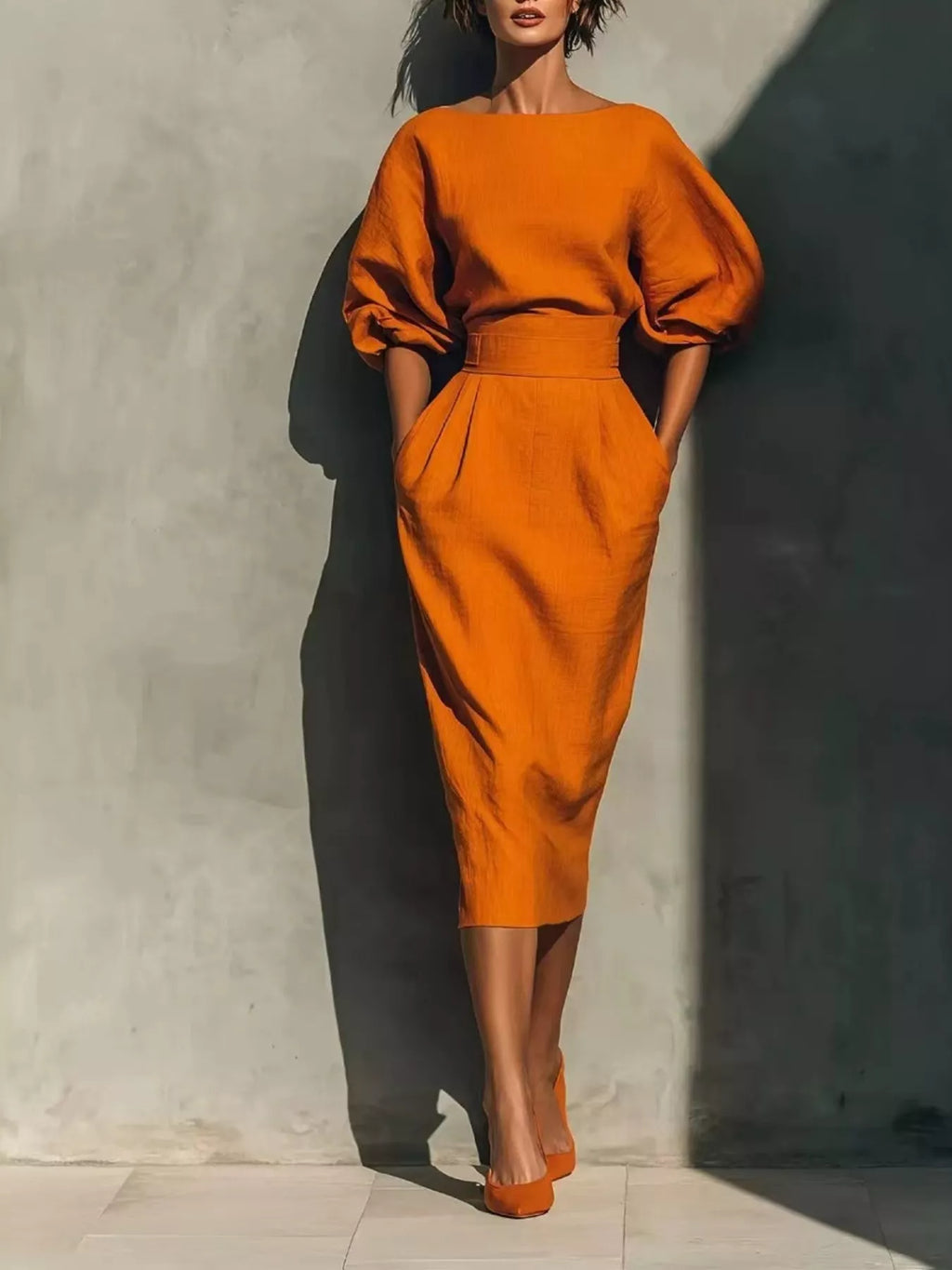 Full Size Round Neck Puff Sleeve Midi Dress Plus