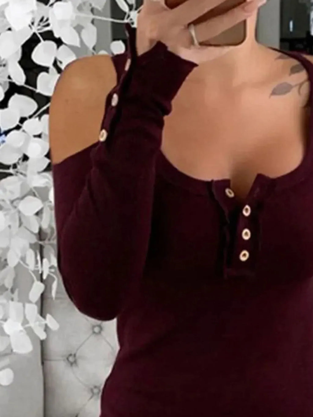 Cold Shoulder Ribbed Henley T-shirt Button Detail (15)