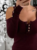Cold Shoulder Ribbed Henley T-shirt Button Detail (15)
