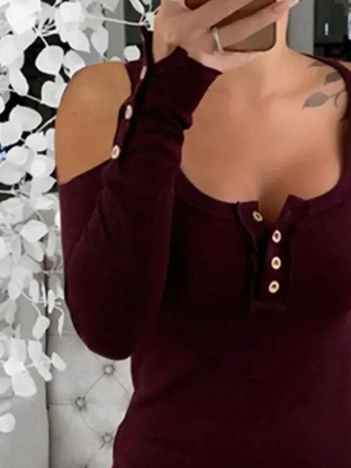 Cold Shoulder Ribbed Henley T-shirt Button Detail (15)